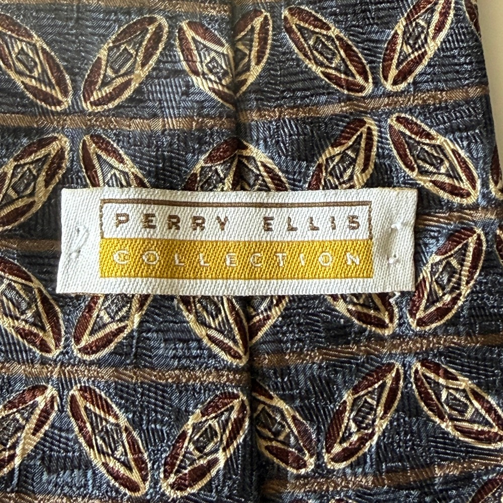 Perry Ellis Collection Mens Silk Tie Blue Brown Geometric Medallion Made in USA